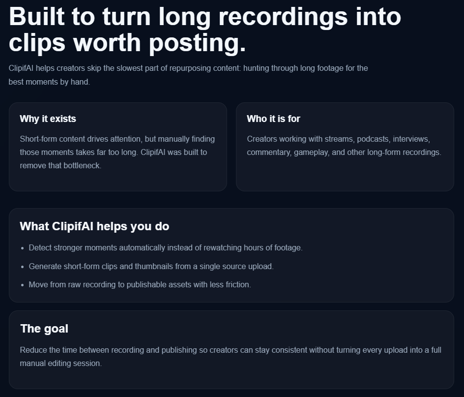 ClipifAI upload and processing experience